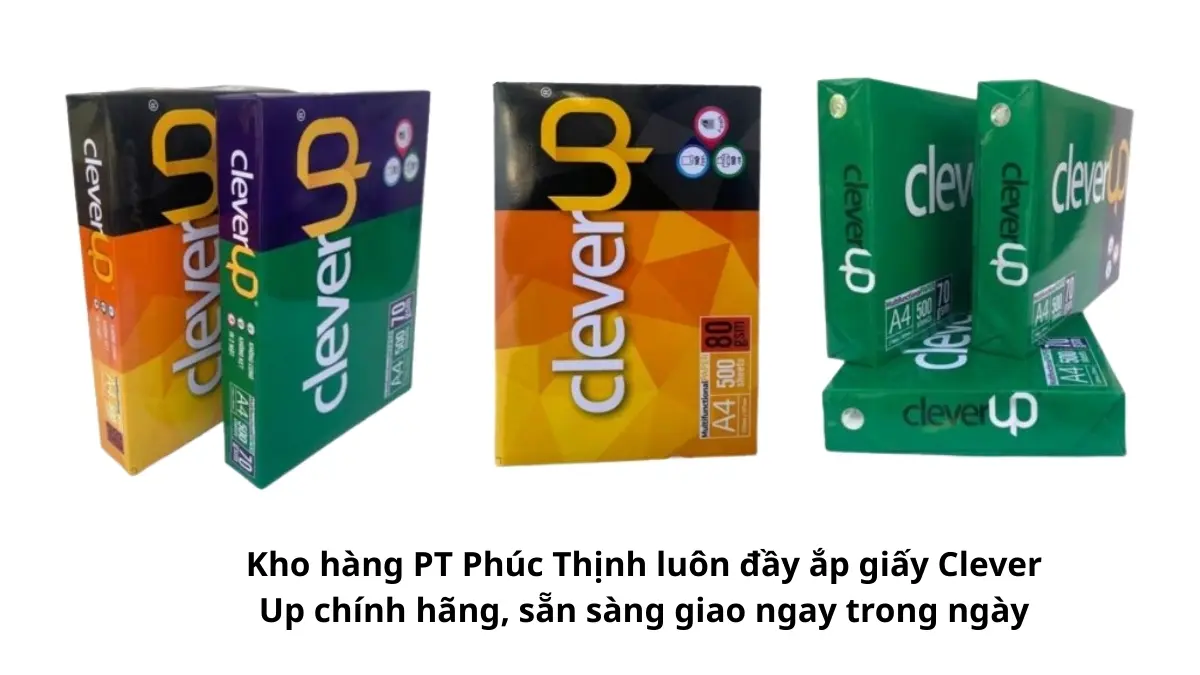 Góc nhìn thực tế tại kho lưu trữ cho thấy Kho hàng PT Phúc Thịnh luôn đầy ắp giấy Clever Up chính hãng, sẵn sàng giao ngay trong ngày, các kiện hàng được sắp xếp gọn gàng để phục vụ đơn hàng sỉ số lượng lớn