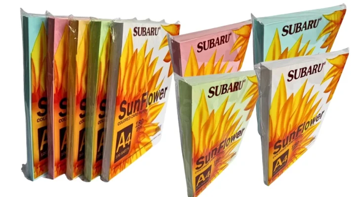 Trọn bộ combo giấy bìa A4 Sunflower 5 màu bao gồm xanh dương, xanh lá, vàng, hồng và trắng được đóng gói chỉnh chu, sẵn sàng giao hàng tại PT Phúc Thịnh.