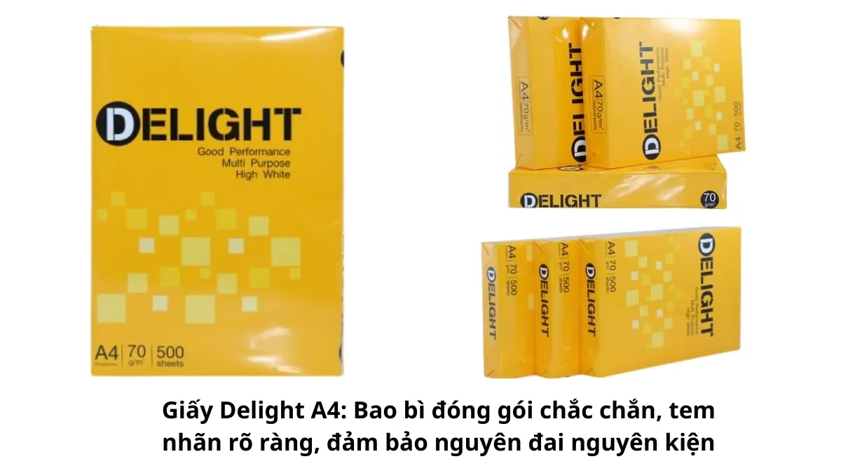 Lốc 5 ram giấy in văn phòng được chụp thực tế minh họa cho Giấy Delight A4: Bao bì đóng gói chắc chắn, tem nhãn rõ ràng, đảm bảo nguyên đai nguyên kiện tại kho Phúc Thịnh.