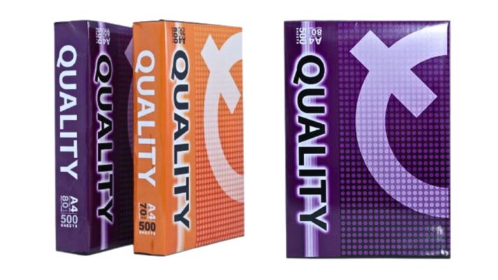 Hai ram giấy đặt cạnh nhau để phân biệt giấy Quality thật giả qua màu sắc bao bì, bên trái là hàng chính hãng màu tươi sáng hơn.