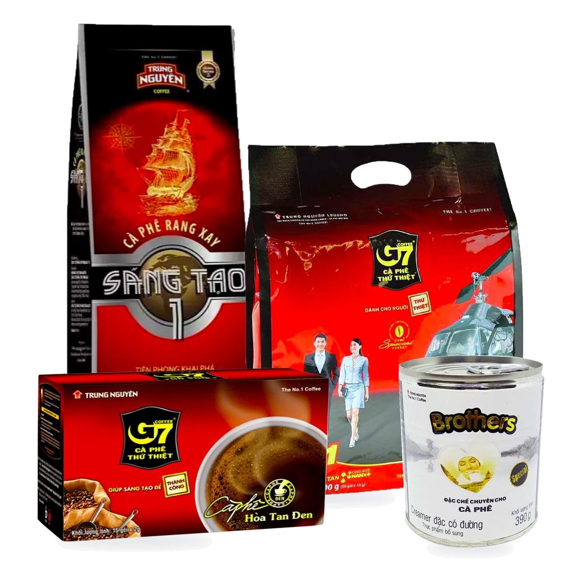 Cà phê Trung Nguyên Sáng Tạo 1, G7 3in1, G7 đen hòa tan và sữa đặc Brothers 390g