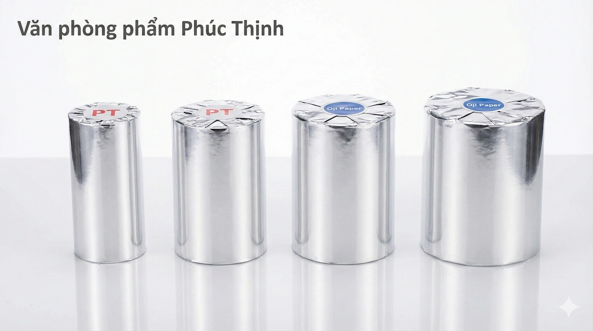 Ba cuộn giấy in nhiệt K80 với các đường kính 45mm, 65mm và 80mm đặt cạnh nhau để thấy rõ sự chênh lệch về độ dày cuộn giấy.
