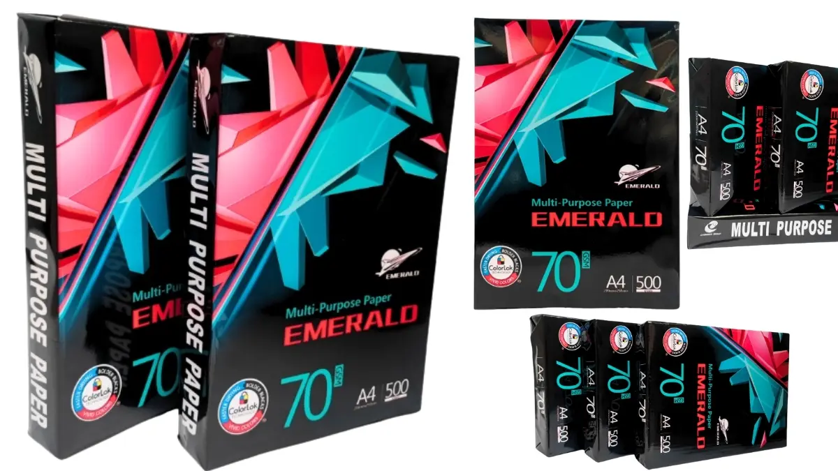 Ram giấy Emerald A4 in hợp đồng chính hãng với bao bì tem xanh đặc trưng, độ trắng sáng tiêu chuẩn quốc tế.