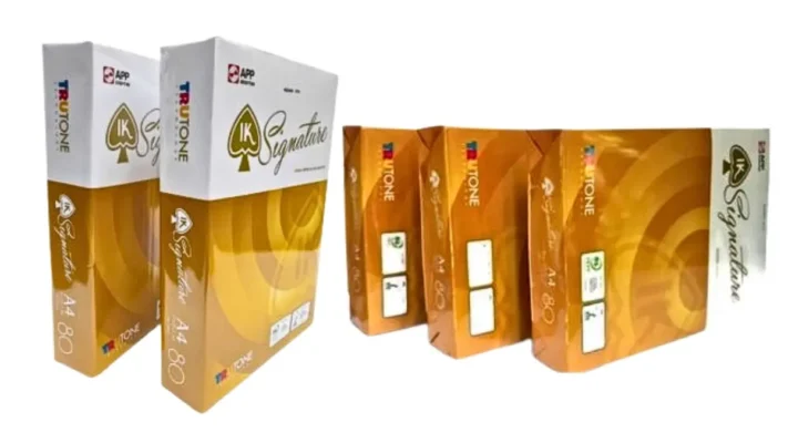 Ram giấy IK Signature A4 80gsm chính hãng với bao bì màu xanh đen sang trọng chuyên dùng cho hợp đồng.