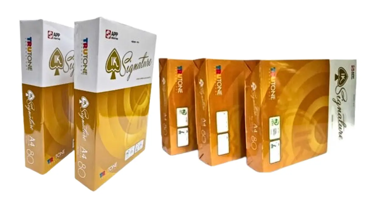 Ram giấy IK Signature A4 80gsm chính hãng với bao bì màu xanh đen sang trọng chuyên dùng cho hợp đồng.