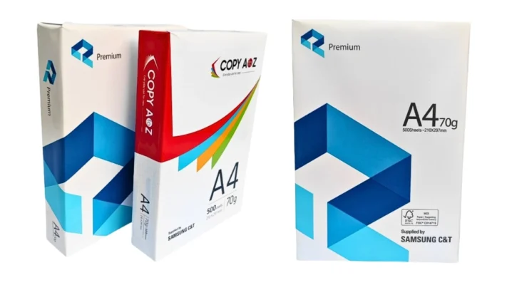 Ream giấy in văn phòng Samsung khổ A4 bao bì màu xanh dương, cam kết giấy Samsung A4 chính hãng không kẹt giấy dùng cho máy in laser.