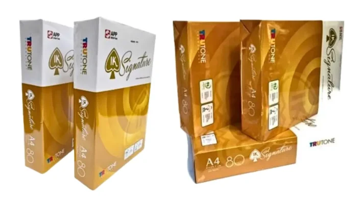 Hình ảnh phóng to so sánh công nghệ Trutone IK Signature mang lại mật độ điểm ảnh dày đặc và màu đen sâu hơn so với giấy in thông thường.