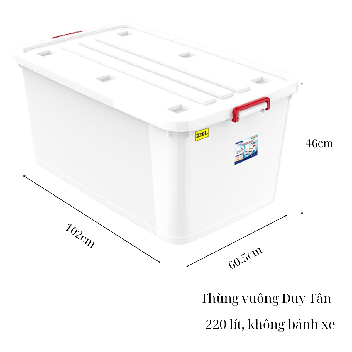 Thùng nhựa vuông Duy Tân 220 lít dài 102cm rộng 60,5cm cao 46cm không có bánh xe