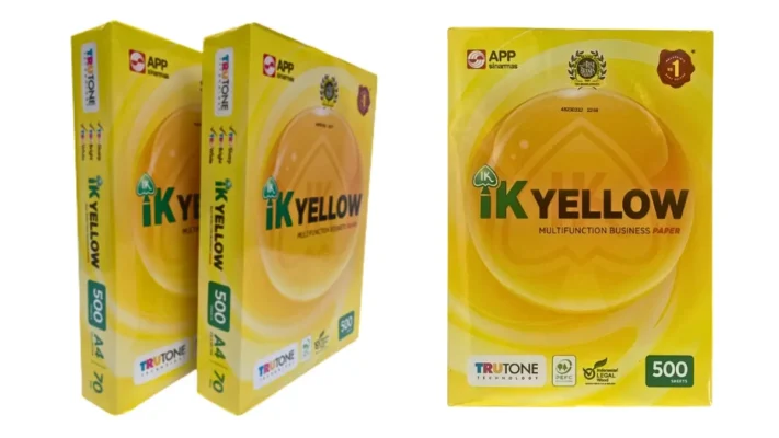 Thùng giấy IK Yellow A4 70gsm nguyên đai nguyên kiện gồm 5 ram, bao bì màu vàng đặc trưng nhập khẩu từ Indonesia.