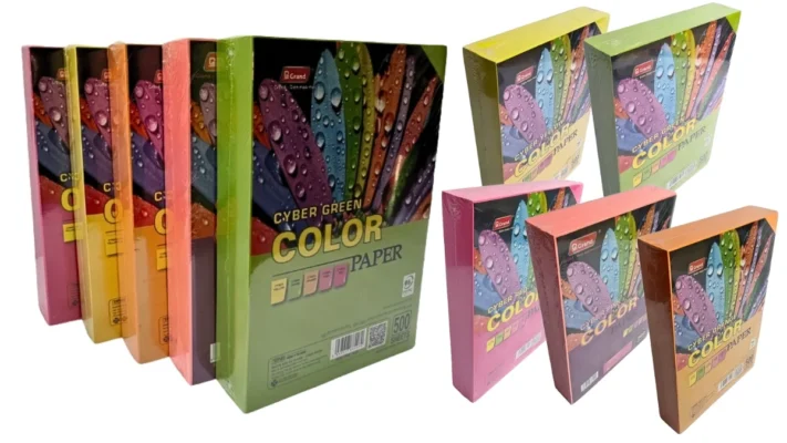 Xấp giấy màu dạ quang Grand 5 màu nguyên seal với các tông màu neon nổi bật gồm vàng, hồng, xanh lá, cam và xanh dương dùng cho in ấn.