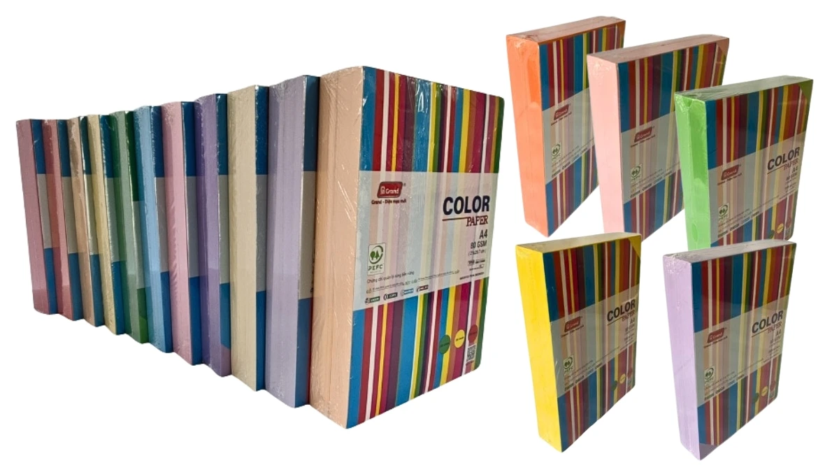 Lốc 5 ram giấy màu Grand 80gsm không kẹt giấy chính hãng với bao bì đóng gói tiêu chuẩn, giúp bảo quản giấy luôn phẳng phiu và không bị ẩm mốc.