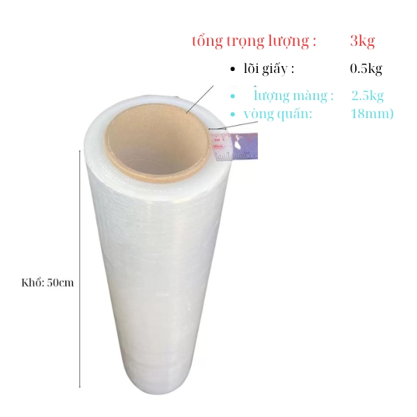 Màng PE quấn pallet khổ rộng 50cm cuộn 3kg dẻo dai trong suốt