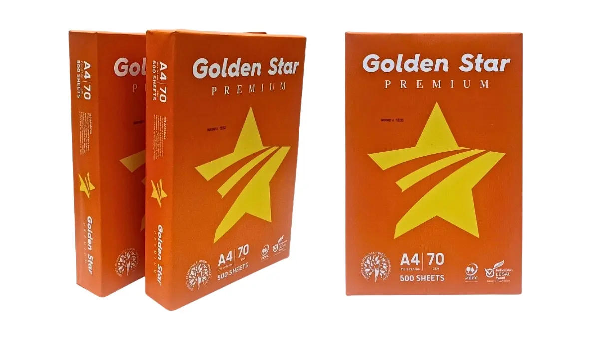 Ram giấy Golden Star A4 70gsm tại kho chính hãng với bao bì màu xanh dương đặc trưng.