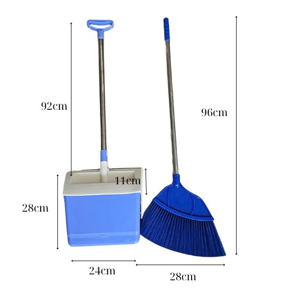 Bộ chổi và ky hốt rác: ky thùng cán inox 92cm và chổi nhựa bản 28cm cao 96cm