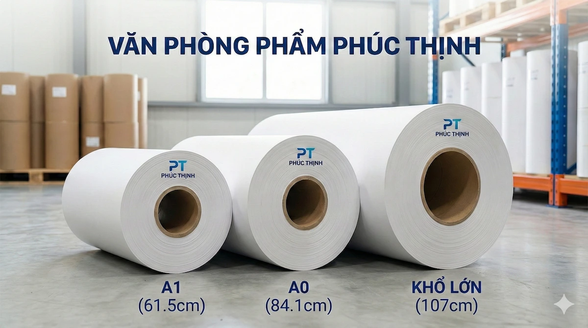 Hàng trăm kiện giấy cuộn khổ lớn được xếp ngay ngắn trên kệ hàng tại kho Phúc Thịnh, thể hiện nguồn cung dồi dào và sẵn sàng giao ngay.