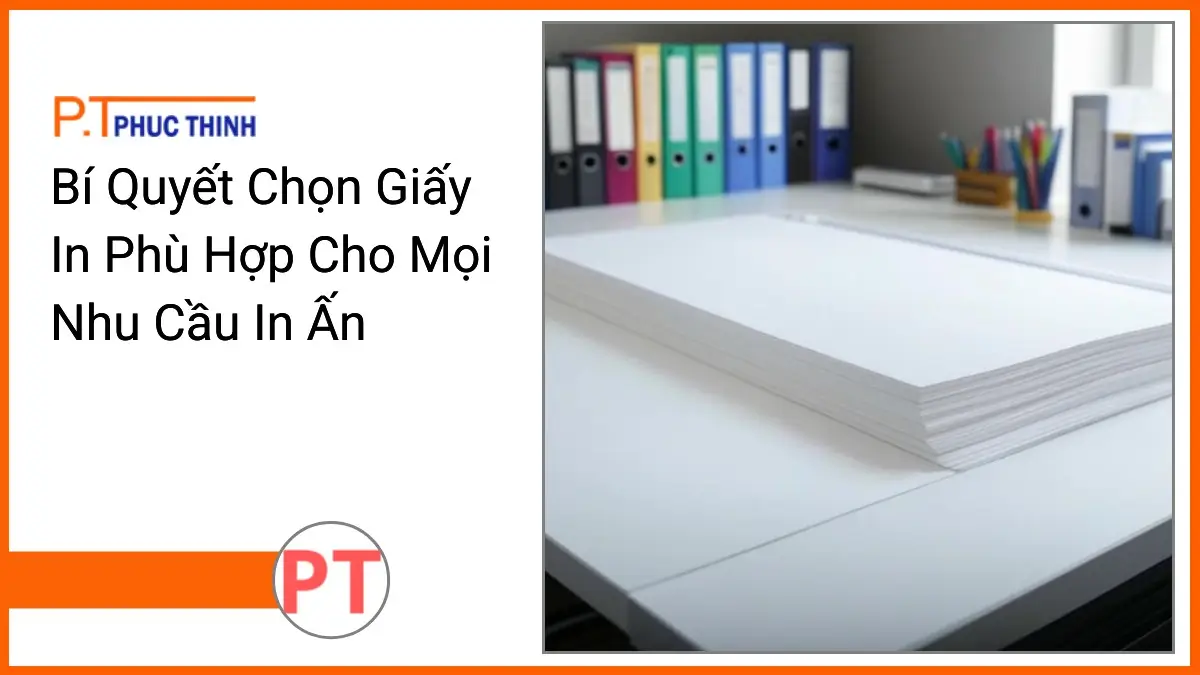 Chồng giấy in A4 trắng sáng và văn phòng phẩm PT Phúc Thịnh trên bàn làm việc gọn gàng trong không gian văn phòng hiện đại.