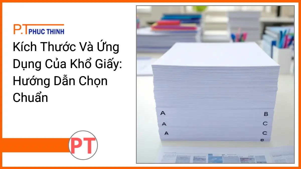 Chồng giấy in các khổ A B C cùng văn phòng phẩm PT Phúc Thịnh trên bàn làm việc hiện đại, sạch và gọn gàng