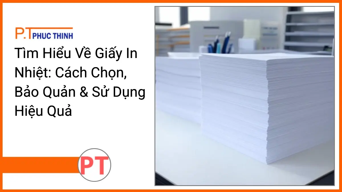 Chồng giấy in nhiệt PT Phúc Thịnh trên bàn làm việc hiện đại, sạch sẽ, thể hiện cách chọn và bảo quản hiệu quả