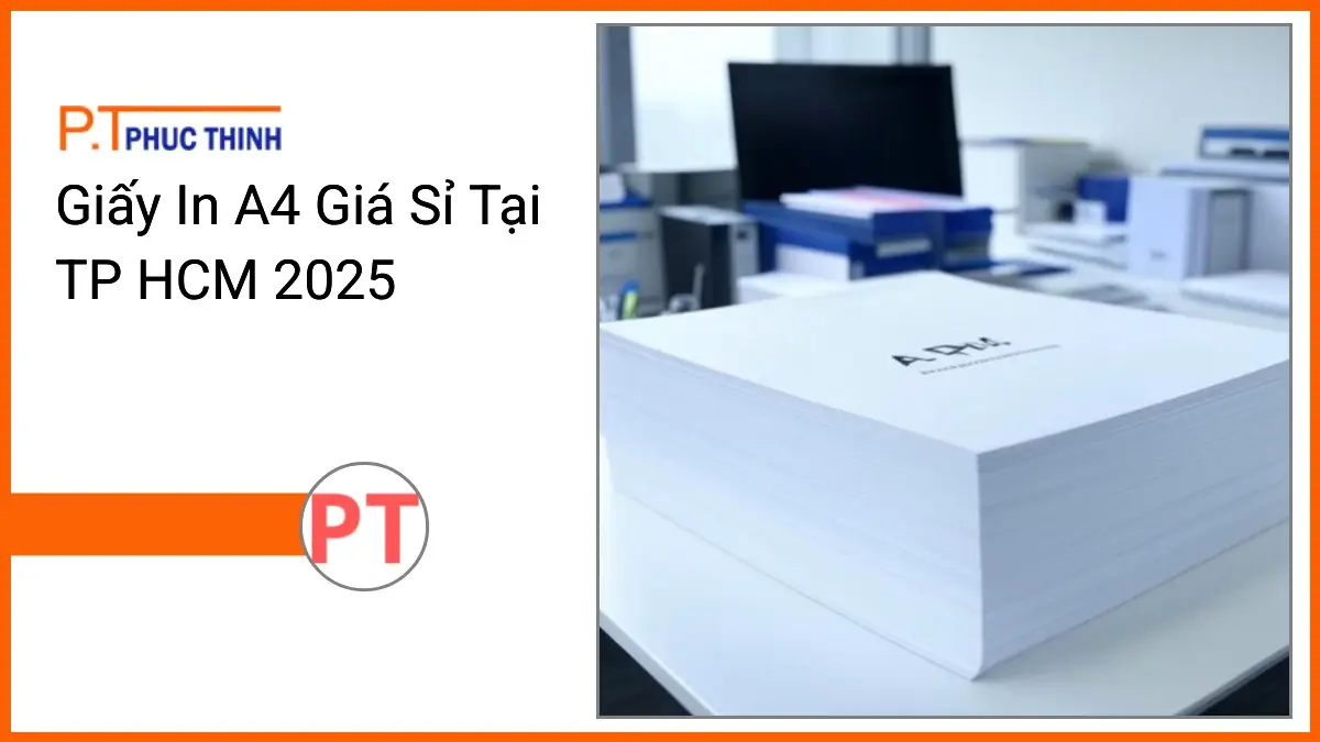Chồng giấy in A4 giá sỉ tại TP HCM trên bàn làm việc gọn gàng cùng văn phòng phẩm PT Phúc Thịnh