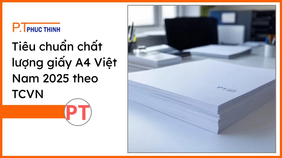 Chồng giấy A4 trắng sáng PT Phúc Thịnh trên bàn làm việc văn phòng hiện đại, thể hiện tiêu chuẩn chất lượng giấy A4 tại Việt Nam 2025 theo TCVN