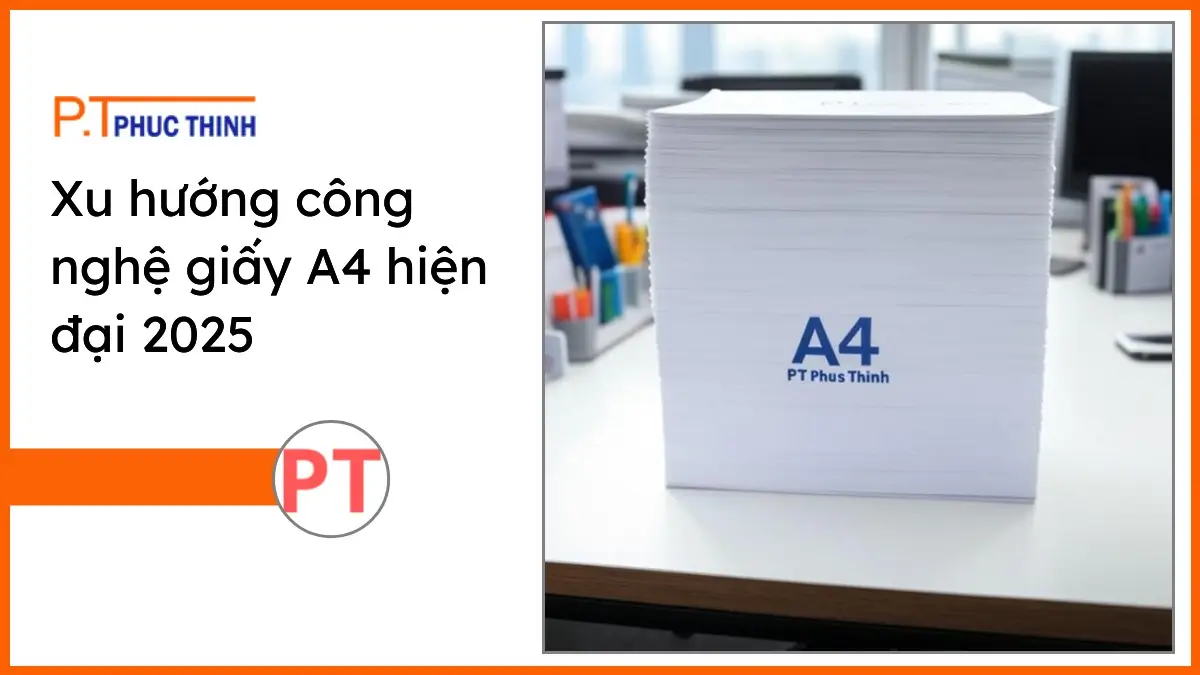 Chồng giấy A4 PT Phúc Thịnh chất lượng cao trên bàn làm việc hiện đại với văn phòng phẩm đa dạng