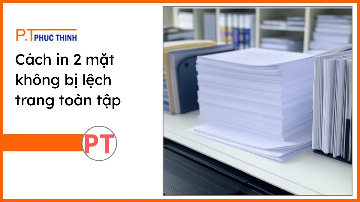 Ảnh chồng giấy in A4 và văn phòng phẩm PT Phúc Thịnh trên bàn làm việc gọn gàng cho cách in 2 mặt không bị lệch trang.