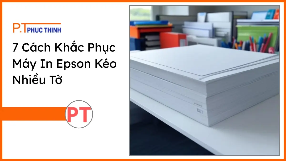 Chồng giấy in a4 và bộ văn phòng phẩm đa dạng PT Phúc Thịnh trên bàn làm việc ngăn nắp, liên quan tới cách khắc phục máy in epson kéo nhiều tờ
