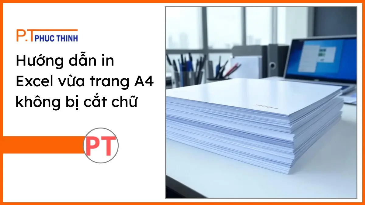 Chồng giấy in A4 và bộ văn phòng phẩm PT Phúc Thịnh trên bàn làm việc gọn gàng chuyên nghiệp giúp in Excel vừa trang A4 không bị cắt chữ.
