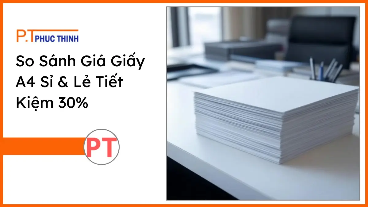 Chồng giấy A4 trắng sáng và văn phòng phẩm PT Phúc Thịnh trên bàn làm việc gọn gàng tiết kiệm chi phí hiệu quả