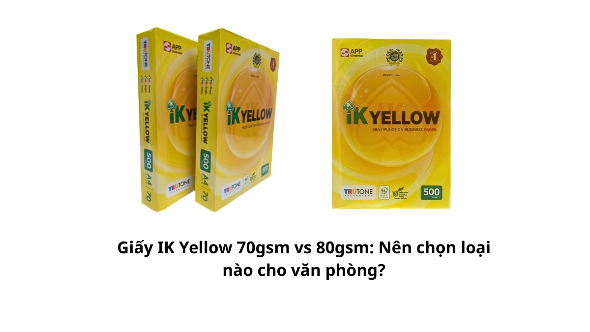 Bảng so sánh thông số kỹ thuật và độ dày giữa giấy IK Yellow 70gsm và 80gsm đặt cạnh nhau.