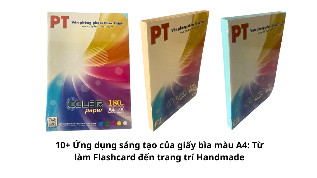 Tổng hợp các sản phẩm thủ công đẹp mắt như thiệp, hộp quà và flashcard giáo dục được làm từ các loại giấy bìa màu A4 rực rỡ.