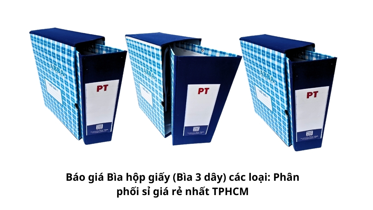 Hình ảnh bảng tổng hợp chi tiết Báo giá Bìa hộp giấy (Bìa 3 dây) các loại: Phân phối sỉ giá rẻ nhất TPHCM, bao gồm các kích thước thông dụng từ 7cm đến 20cm dành cho doanh nghiệp.
