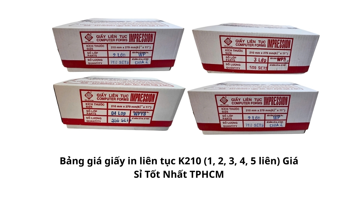 Bảng cập nhật chi tiết giá các loại giấy in liên tục K210 từ 1 đến 5 liên với mức chiết khấu sỉ hấp dẫn nhất cho doanh nghiệp tại TPHCM.