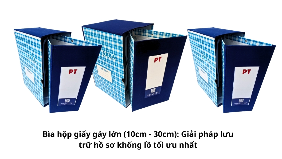 Bộ sưu tập các loại bìa hộp giấy gáy lớn với kích thước đa dạng từ 10cm đến 30cm, được phân phối chính hãng bởi văn phòng phẩm PT Phúc Thịnh.