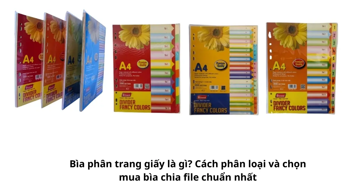 Cận cảnh bộ bìa phân trang giấy nhiều màu sắc giúp định nghĩa rõ khái niệm bìa chia file trong văn phòng.