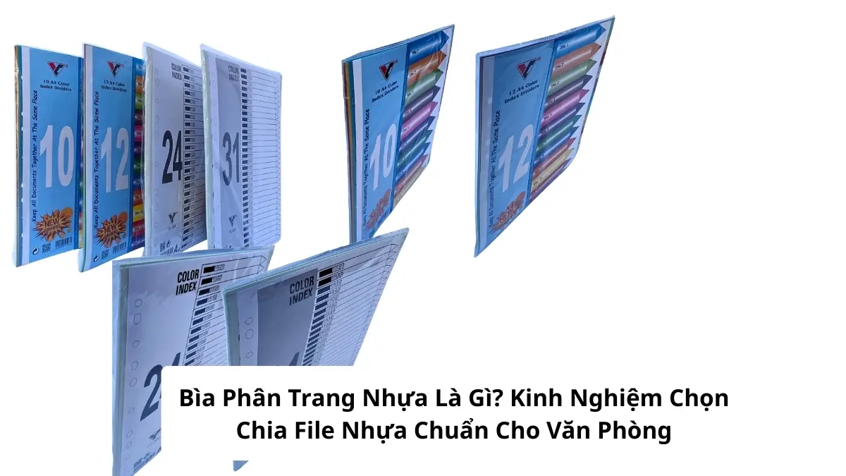 Các loại bìa phân trang nhựa 10 số, 12 số màu sắc đa dạng giúp phân loại hồ sơ văn phòng chuyên nghiệp.