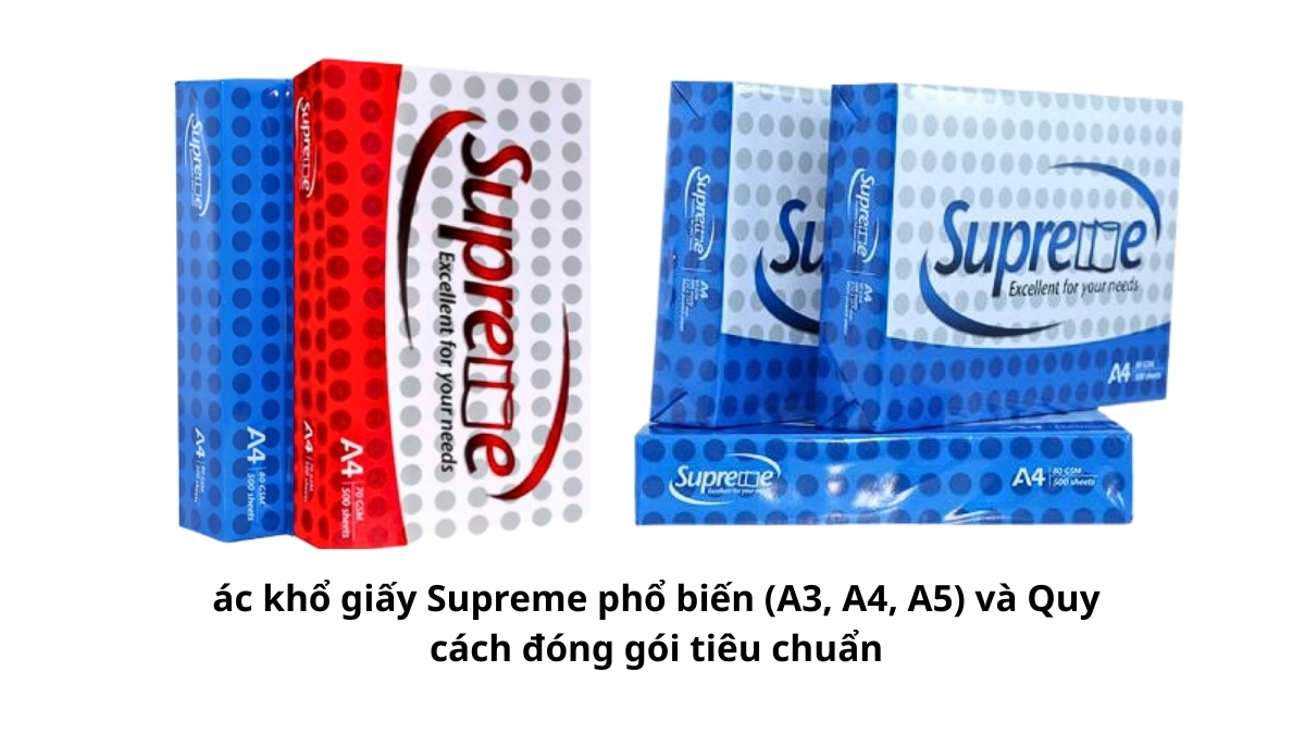 Ba ram giấy Supreme với kích thước A3, A4 và A5 được xếp chồng lên nhau theo thứ tự để so sánh tỷ lệ kích thước thực tế.