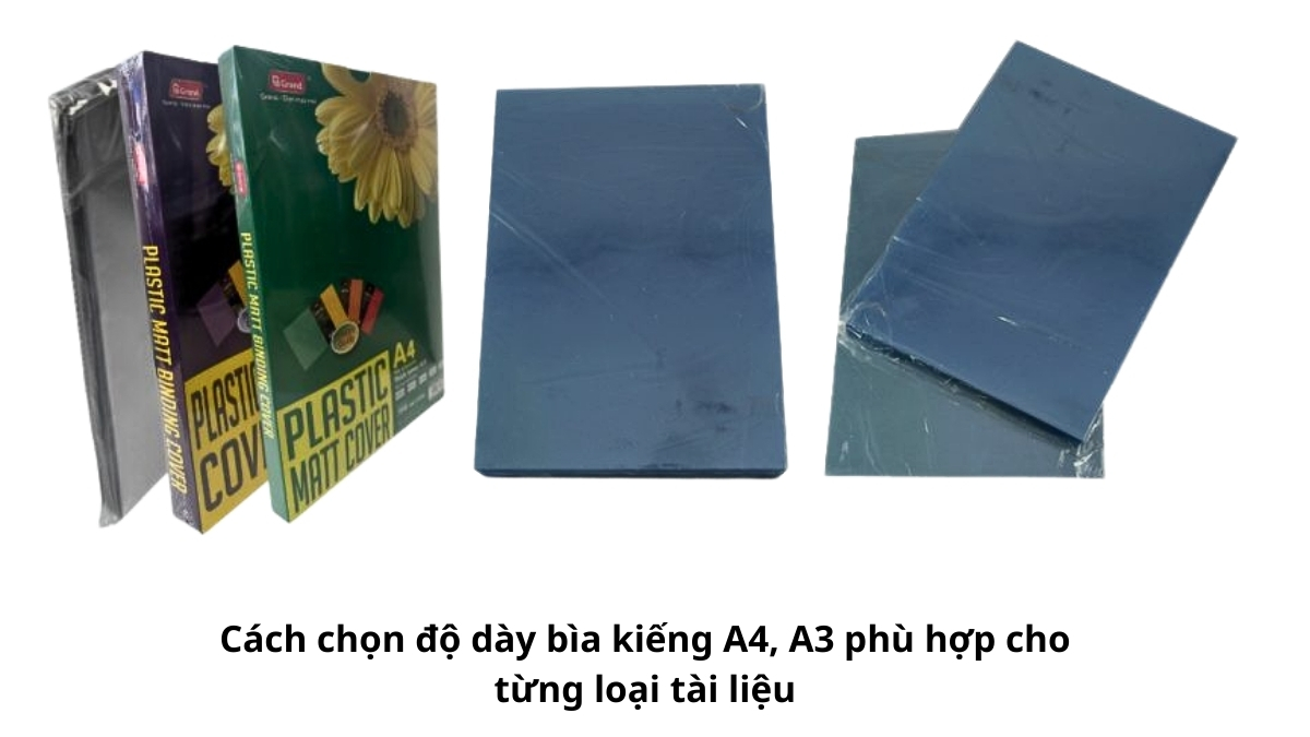 Bảng hướng dẫn cách chọn độ dày bìa kiếng A4, A3 phù hợp cho từng loại tài liệu từ mỏng đến dày.