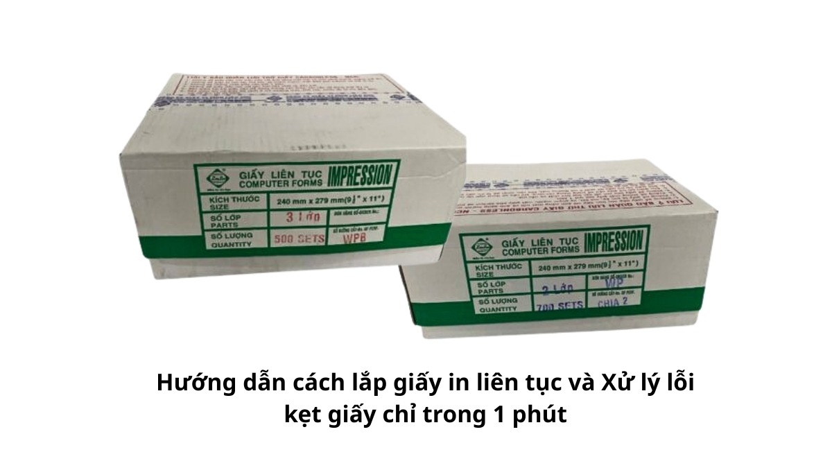 Nhân viên kỹ thuật đang thực hiện thao tác mở nắp máy in kim và đặt giấy in liên tục vào các chốt kéo giấy đúng vị trí.
