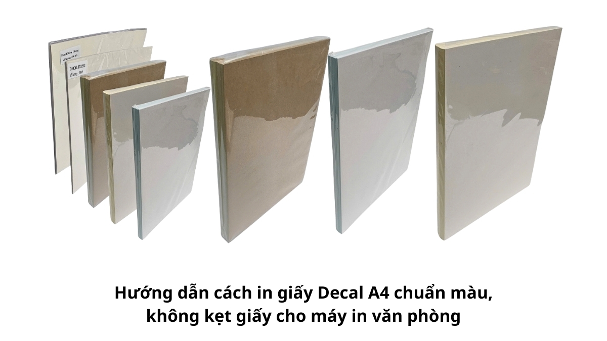 Giao diện cài đặt Properties trên máy in Canon/HP, trỏ chuột chọn chế độ giấy dày (Labels hoặc Heavy Paper) để đảm bảo in giấy Decal A4 lên màu đậm nét và bám mực.
