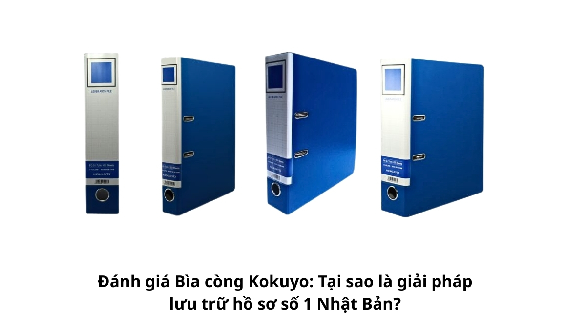 Các loại bìa còng Kokuyo màu xanh dương đặc trưng được xếp gọn gàng, minh họa cho bài viết đánh giá bìa còng Kokuyo giải pháp lưu trữ hồ sơ số 1 Nhật Bản.
