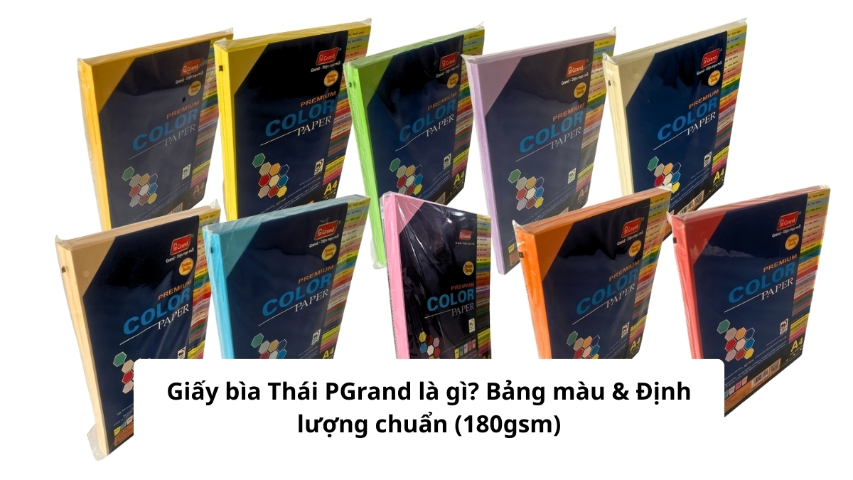Xấp giấy bìa Thái PGrand khổ A4 định lượng 180gsm chính hãng với bao bì tem nhãn đầy đủ.