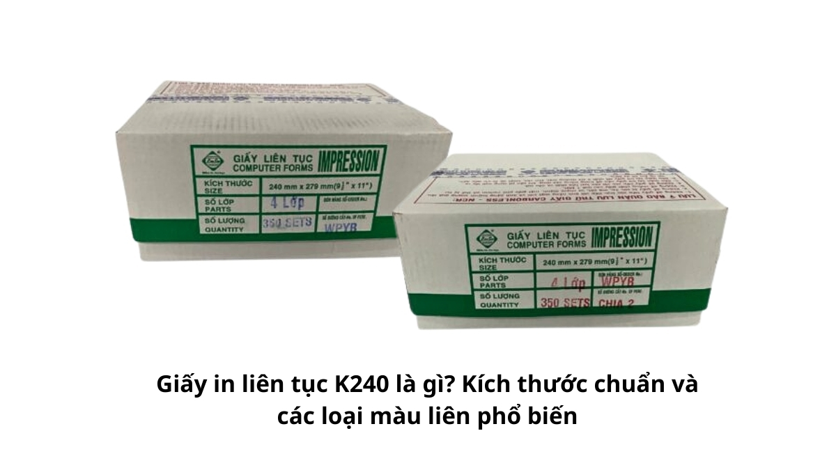 Một thùng giấy in liên tục K240 màu trắng được xếp gọn gàng, minh họa cho khái niệm giấy in vi tính dùng trong văn phòng.