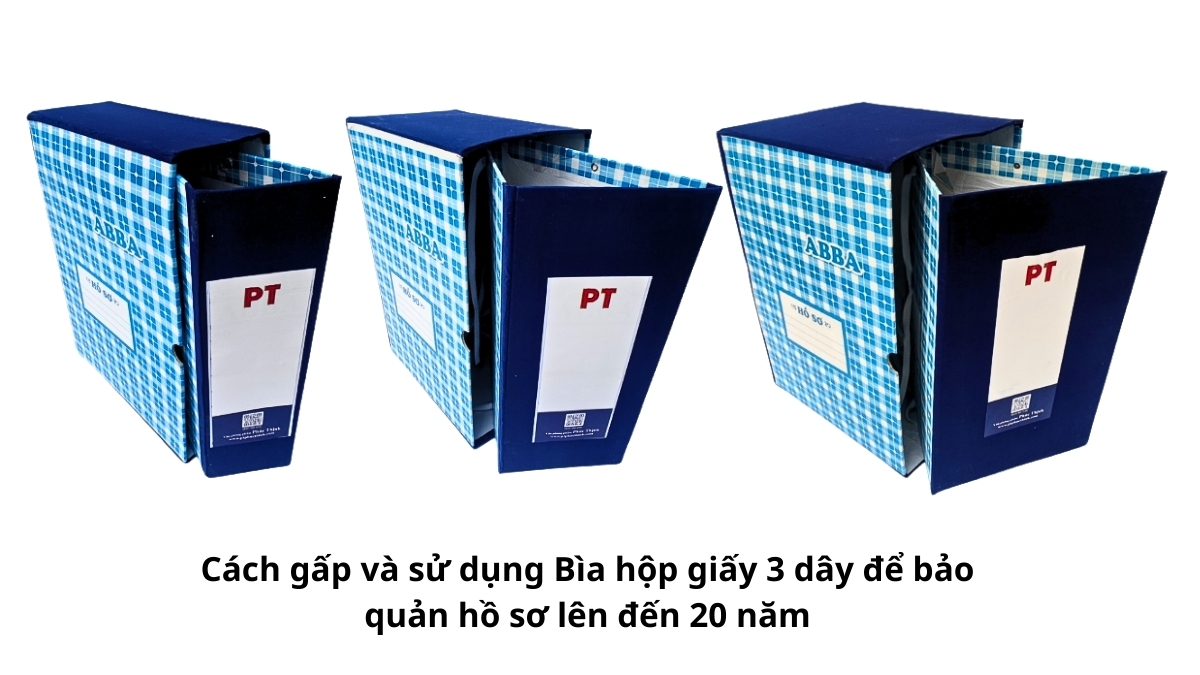 Minh họa 4 bước cơ bản từ tấm bìa phẳng thành hộp dựng đứng, giúp bạn nắm vững cách gấp và sử dụng Bìa hộp giấy 3 dây để bảo quản hồ sơ lên đến 20 năm mà không lo bị gãy nếp.