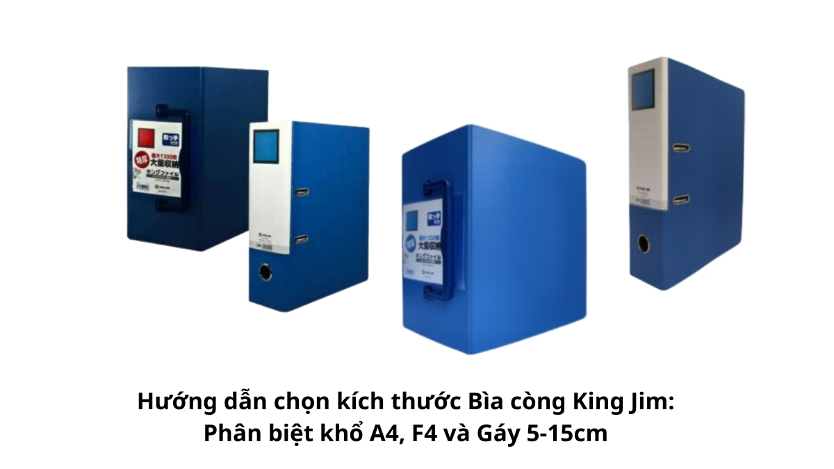 Tổng hợp các loại bìa còng King Jim với đầy đủ kích thước gáy và khổ giấy A4 F4 đang có tại văn phòng phẩm Phúc Thịnh.