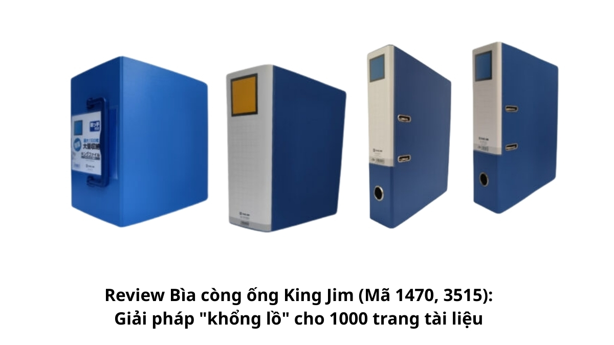 Hai mẫu bìa còng ống King Jim mã 1470 và 3515 màu xanh dương đặc trưng, minh họa cho bài Review Bìa còng ống King Jim (Mã 1470, 3515): Giải pháp "khổng lồ" cho 1000 trang tài liệu.