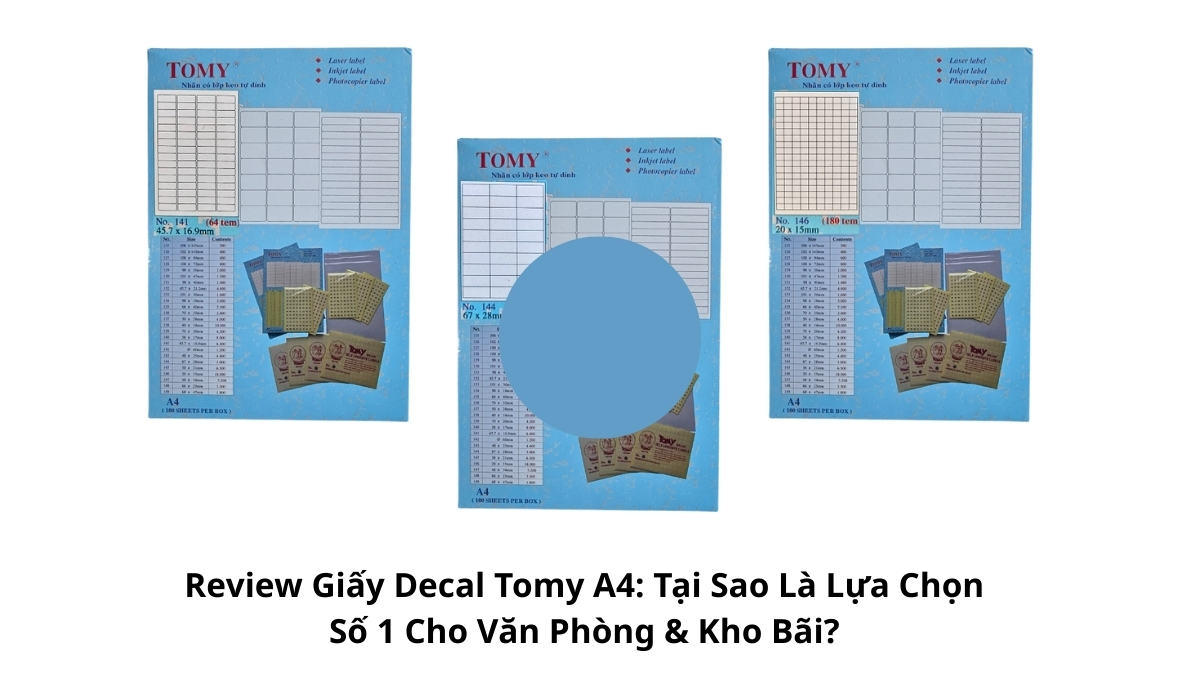 Ảnh bìa bài viết Review Giấy Decal Tomy A4: Tại Sao Là Lựa Chọn Số 1 Cho Văn Phòng & Kho Bãi? với các hộp sản phẩm chính hãng xếp chồng lên nhau.