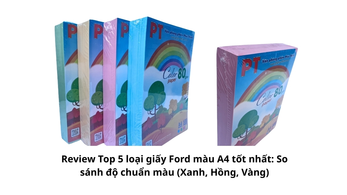 Năm xấp giấy Ford màu A4 từ các thương hiệu hàng đầu được xếp cạnh nhau để đánh giá chất lượng và độ mịn bề mặt.