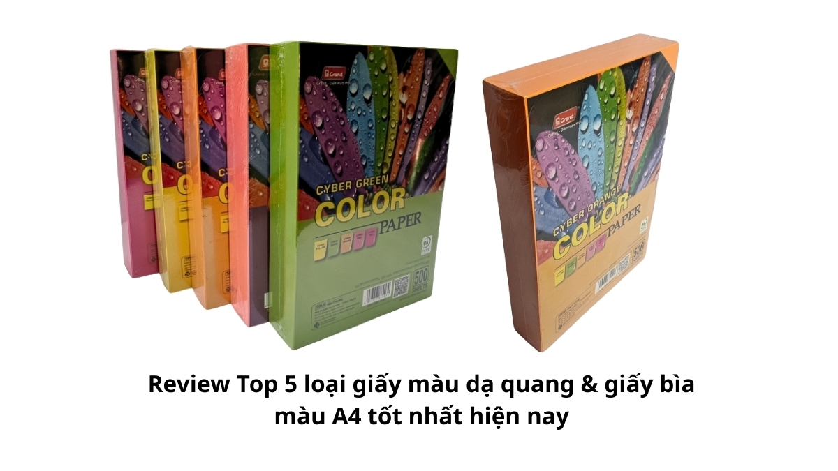 Tổng hợp các xấp giấy rực rỡ đại diện cho nội dung bài review Top 5 loại giấy màu dạ quang & giấy bìa màu A4 tốt nhất hiện nay đang được ưa chuộng.