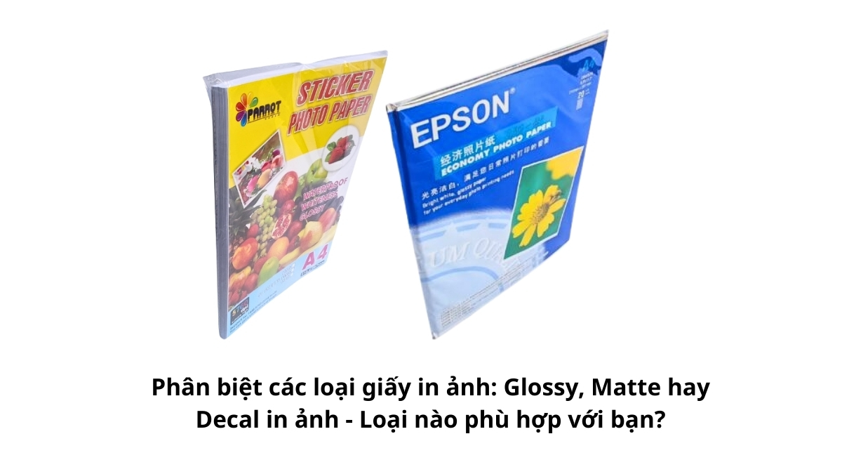 5 xấp giấy in ảnh A4 từ các thương hiệu Epson, NTS, Kodak được xếp cạnh nhau để so sánh bao bì và chất lượng.
